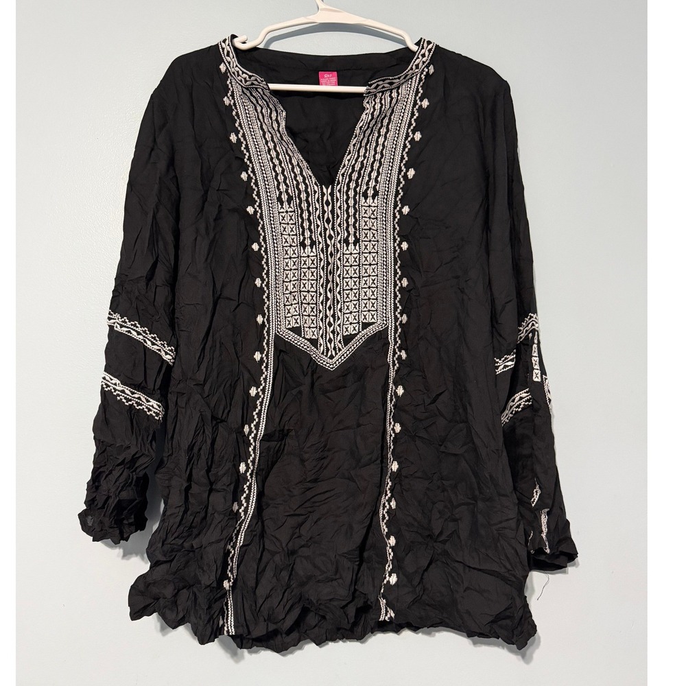 Raj Black Embroidered Boho Tunic Top Women's M Cotton Viscose Long Sleeve 1010